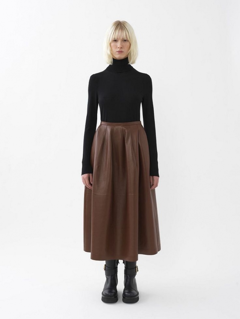 Chloe Gathered Mid Cut-length Skirt Leather Kahve | CHE-SR14116