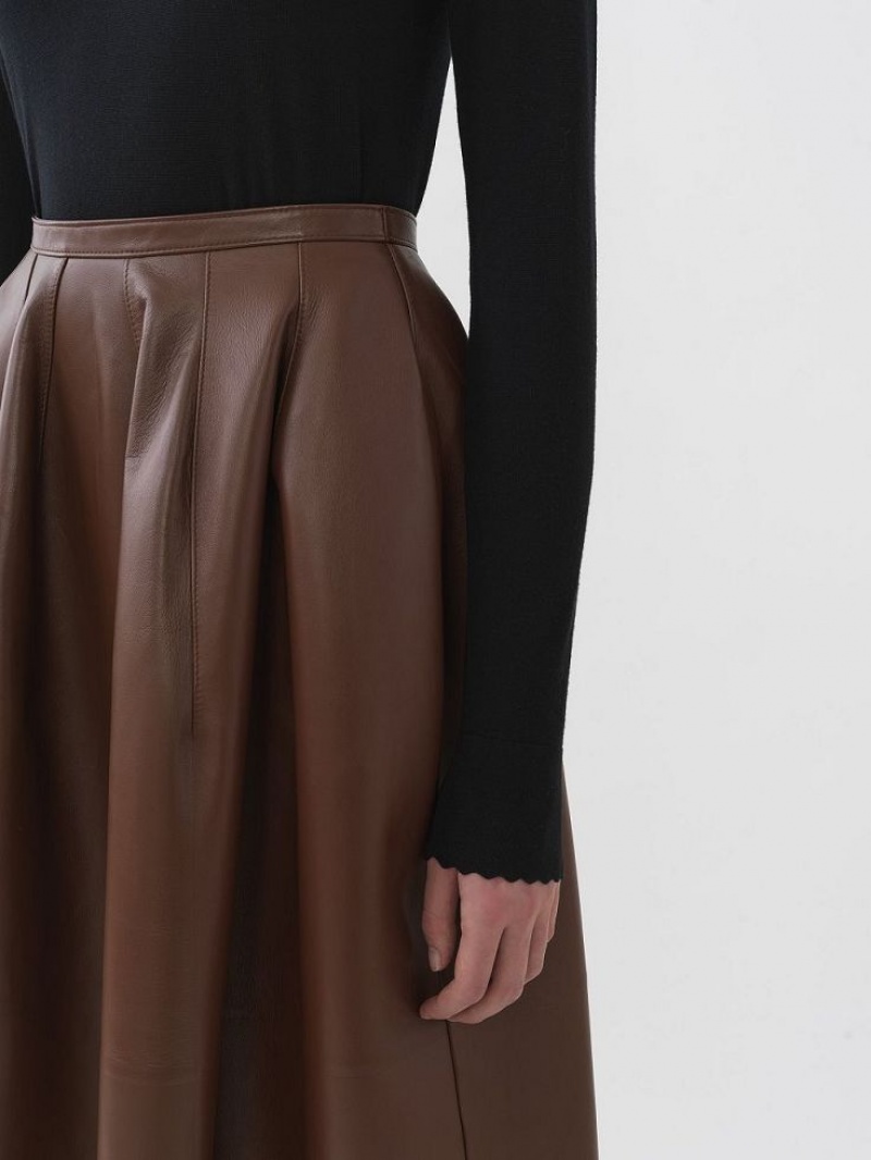 Chloe Gathered Mid Cut-length Skirt Leather Kahve | CHE-SR14116