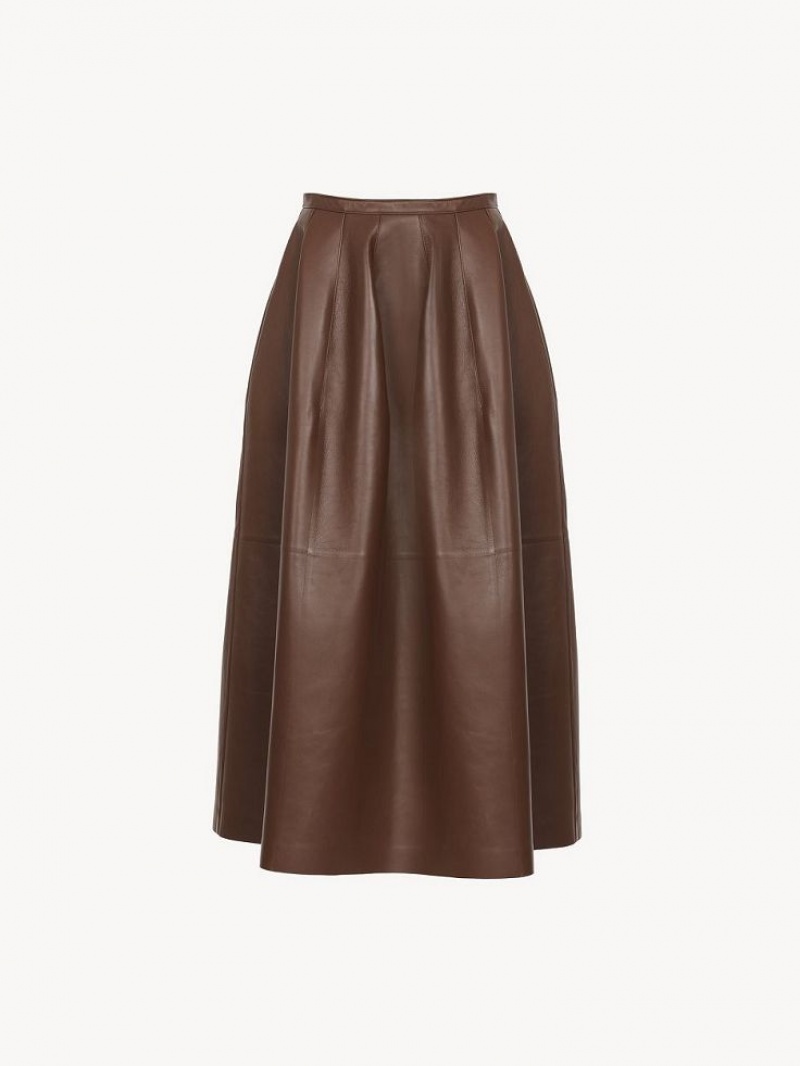 Chloe Gathered Mid Cut-length Skirt Leather Kahve | CHE-SR14116