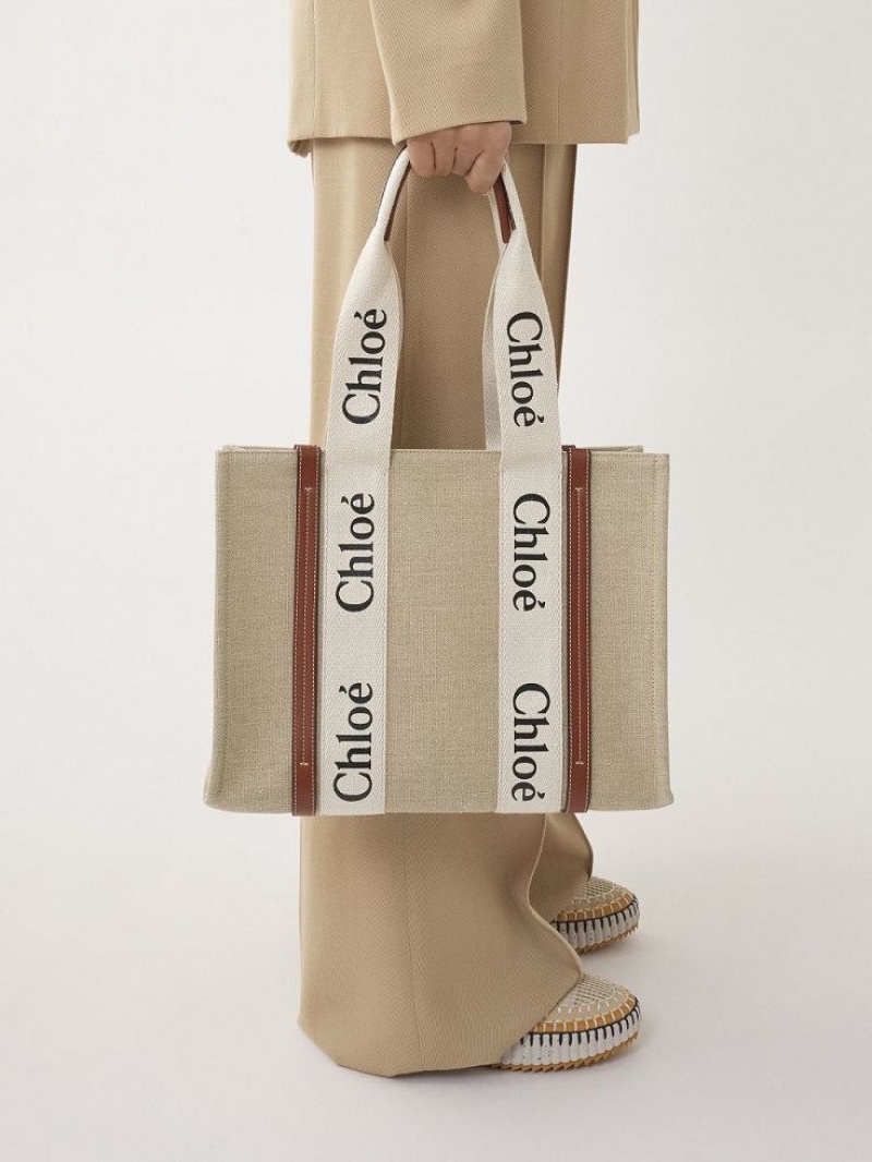 Chloe Medium Woody Tote Çanta Beyaz Kahverengi | CHE-SR13397