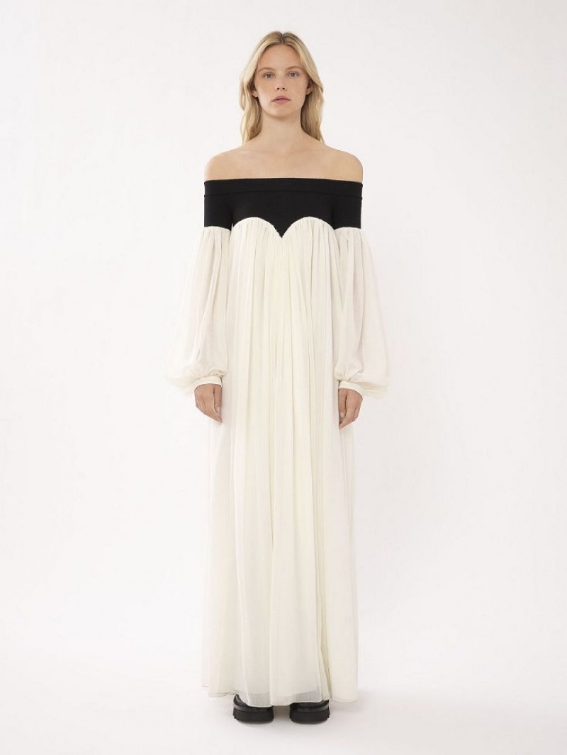 Chloe Off-the-shoulder Maxi Elbise Siyah Beyaz | CHE-SR13857